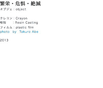 繁栄・危惧・絶滅
オブジェ：object クレヨン：Crayon
樹脂 ：Resin Casting
フィルム：plastic film
photo　by　Takuro Abe 2013